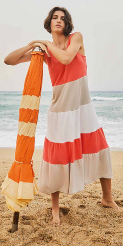 PAZ TORRAS Stripe Maxi Dress in Coral