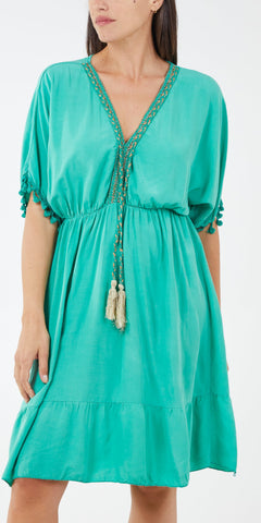 Tiered Tassel Trim Dress in Jade