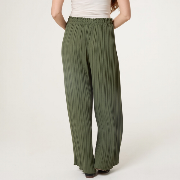Wide Leg Plisse Trousers in Khaki