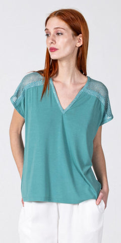 AGGEL V Neck Capped Sleeve Top in Teal