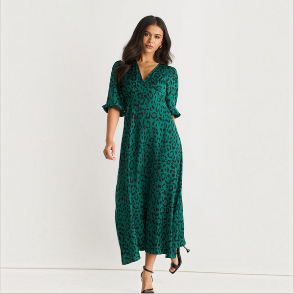 Green Leopard Print Satin Midi Dress