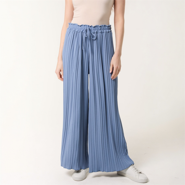 Wide Leg Plisse Trousers in Denim - TheSecretCloset.Boutique