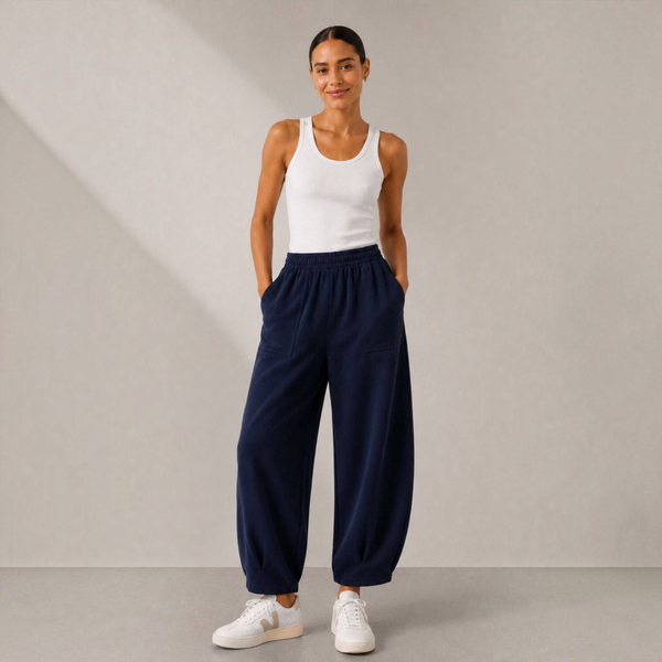 BORN NOULI Sloane Relaxed Barrel Leg Trouser in Navy