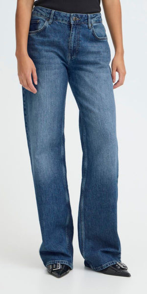 PULZ VEGA High Waist Wide Leg Jeans in Mid Blue (30inch leg)