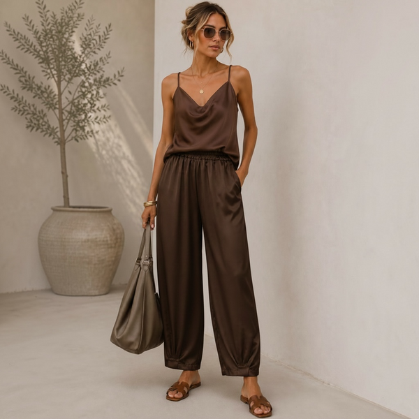 KRISTA Satin Trousers in Chocolate