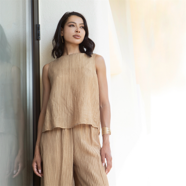 AGGEL Crinkled Top in Tan - TheSecretCloset.Boutique