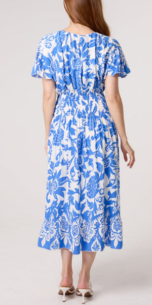 Angel Sleeve Shirred Midi Dress in Blue