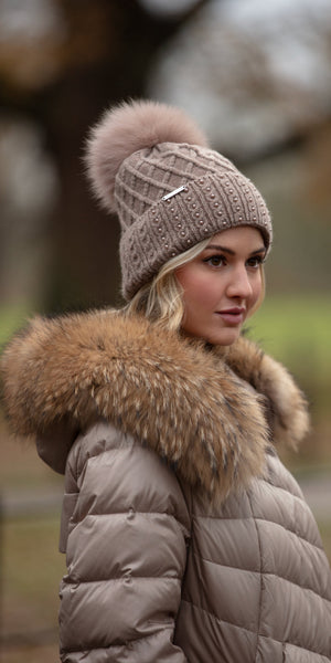 LUXY HARLOW Hat in Taupe with Tonal Faux Fur Pom