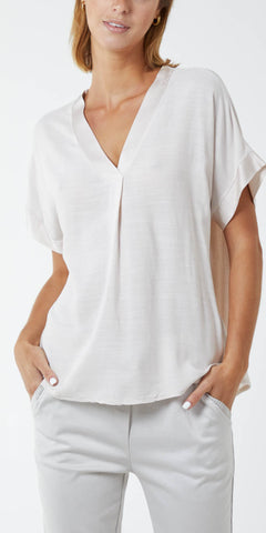 V Neck Short Sleeve Blouse in Stone