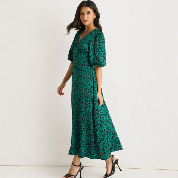 Green Leopard Print Satin Midi Dress