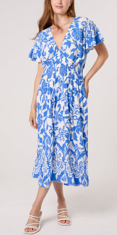 Angel Sleeve Shirred Midi Dress in Blue