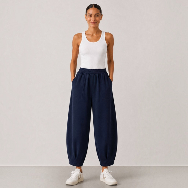 BORN NOULI Sloane Relaxed Barrel Leg Trouser in Navy