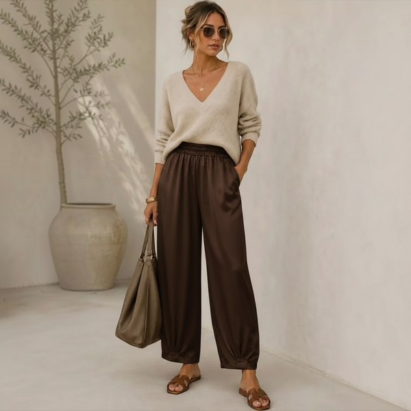 KRISTA Satin Trousers in Chocolate