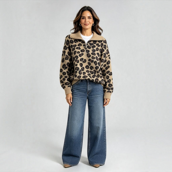 Zip Neck Animal Print Knit