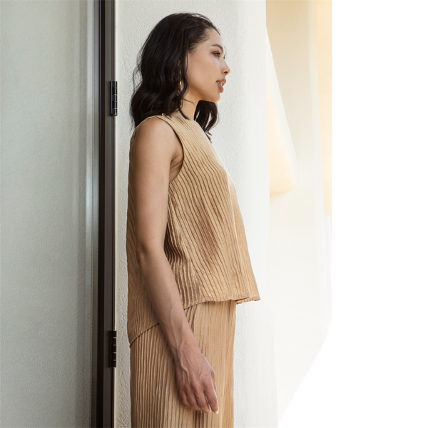 AGGEL Crinkled Top in Tan - TheSecretCloset.Boutique