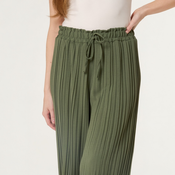 Wide Leg Plisse Trousers in Khaki