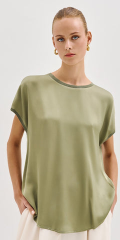 ACCESS Satin Ribbed Detail T in Olive
