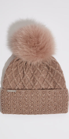 LUXY HARLOW Hat in Taupe with Tonal Faux Fur Pom