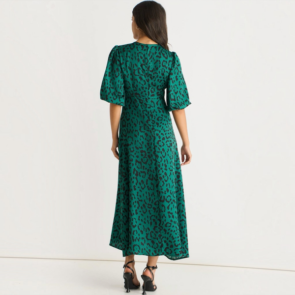Green Leopard Print Satin Midi Dress
