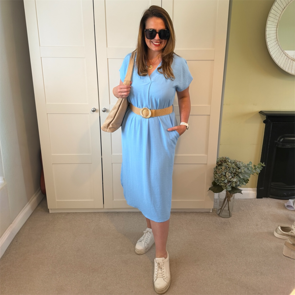 V Neck Belted Dress with Pockets - TheSecretCloset.Boutique