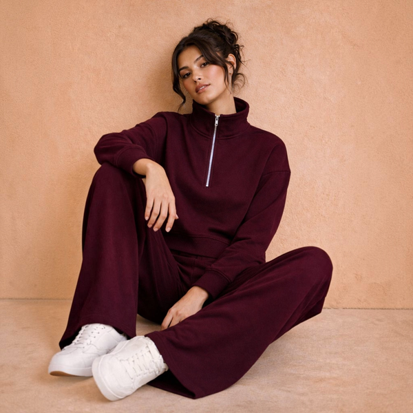 BORN NOULI Supersoft Half Zip Sweatshirt in Black Cherry