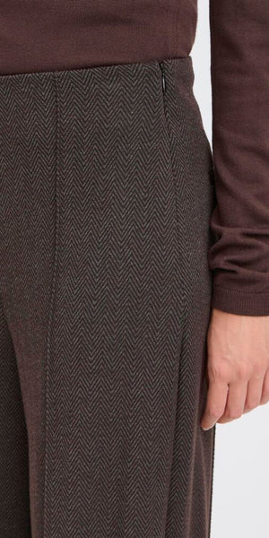 ICHI KATE Jacquard Pants in Black Brown Herringbone