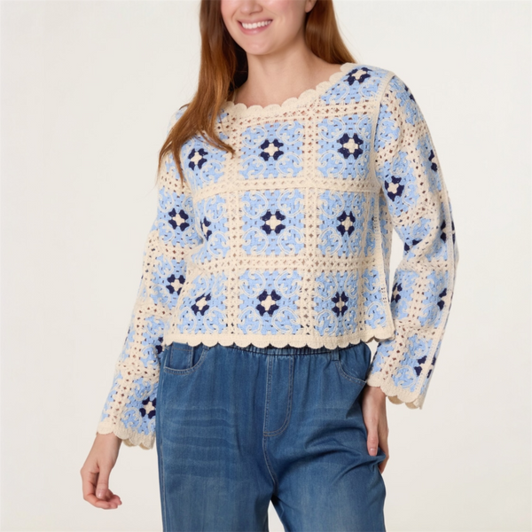 Scalloped Crochet Top in Blue - TheSecretCloset.Boutique