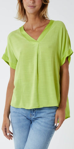 V Neck Short Sleeve Blouse in Lime