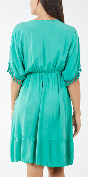 Tiered Tassel Trim Dress in Jade