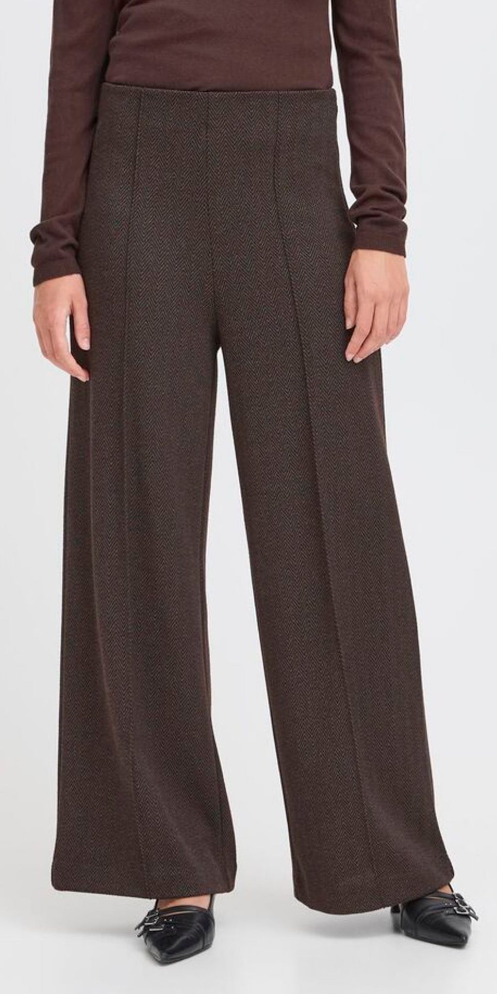 ICHI KATE Jacquard Pants in Black Brown Herringbone