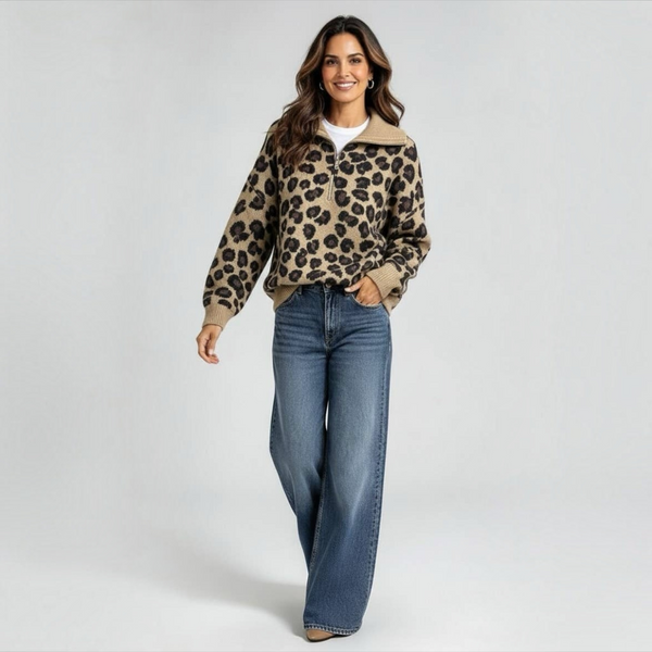 Zip Neck Animal Print Knit