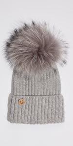 LUXY Boston Hat in Grey with Grey Faux Fur Pom