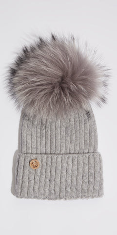 LUXY Boston Hat in Grey with Grey Faux Fur Pom
