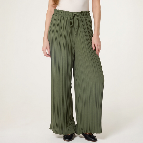 Wide Leg Plisse Trousers in Khaki
