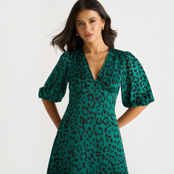 Green Leopard Print Satin Midi Dress