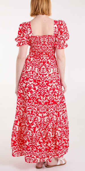 Damask Print Puff Sleeve Dress