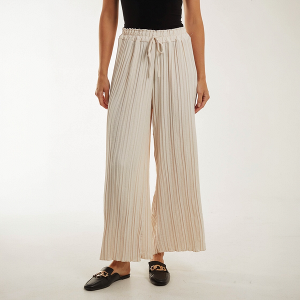 Wide Leg Plisse Trousers in Stone