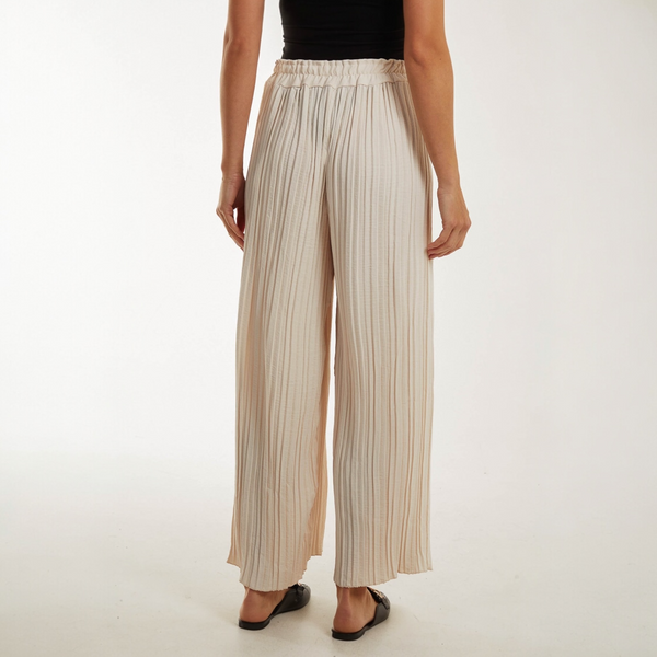 Wide Leg Plisse Trousers in Stone