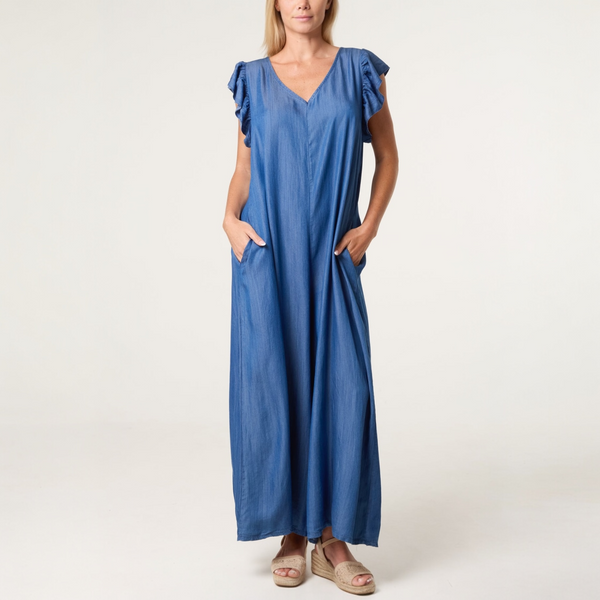 Frill Sleeve Chambray Jumpsuit
