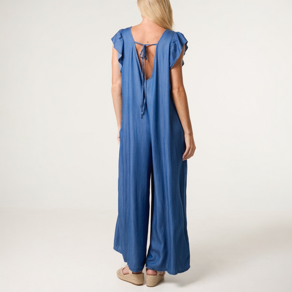 Frill Sleeve Chambray Jumpsuit