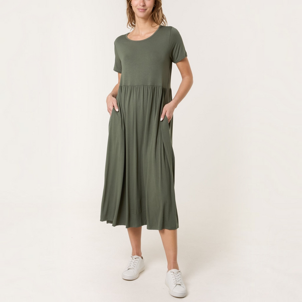 Round Neck Stretch Dress in Khaki