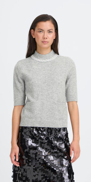 ICHI MACON Short Sleeve Knit in Grey Melange