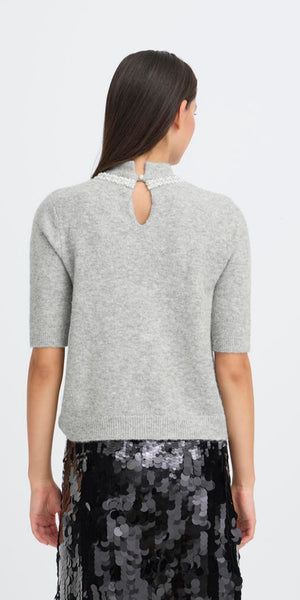 ICHI MACON Short Sleeve Knit in Grey Melange