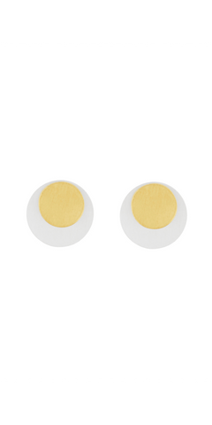 Pair of earrings with white and gold circular designs on a white background