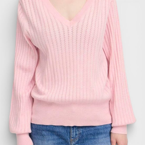 b young MORLA V Neck Pointelle Knit in Parfait Pink - TheSecretCloset.Boutique