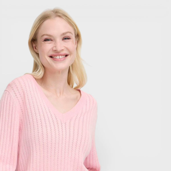 b young MORLA V Neck Pointelle Knit in Parfait Pink - TheSecretCloset.Boutique