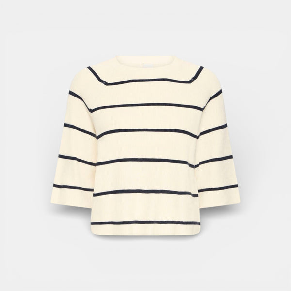 ICHI BOSTON 3/4 Sleeve Knit in Birch with Total Eclipse Stripe