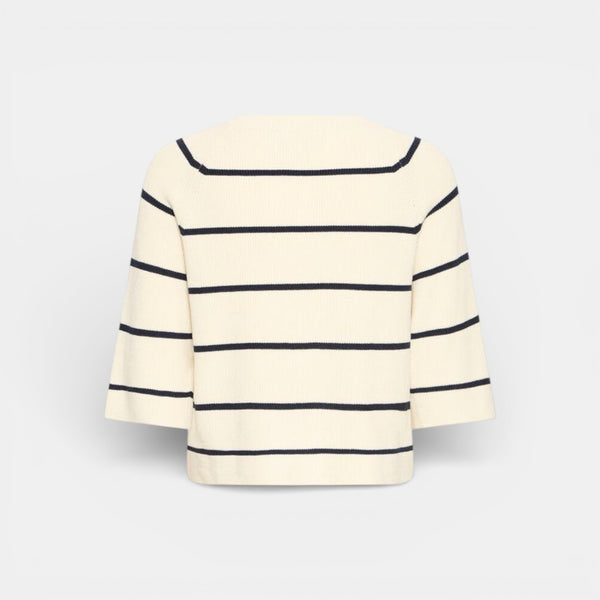 ICHI BOSTON 3/4 Sleeve Knit in Birch with Total Eclipse Stripe