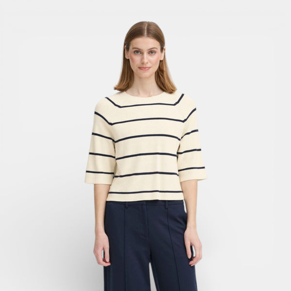 ICHI BOSTON 3/4 Sleeve Knit in Birch with Total Eclipse Stripe