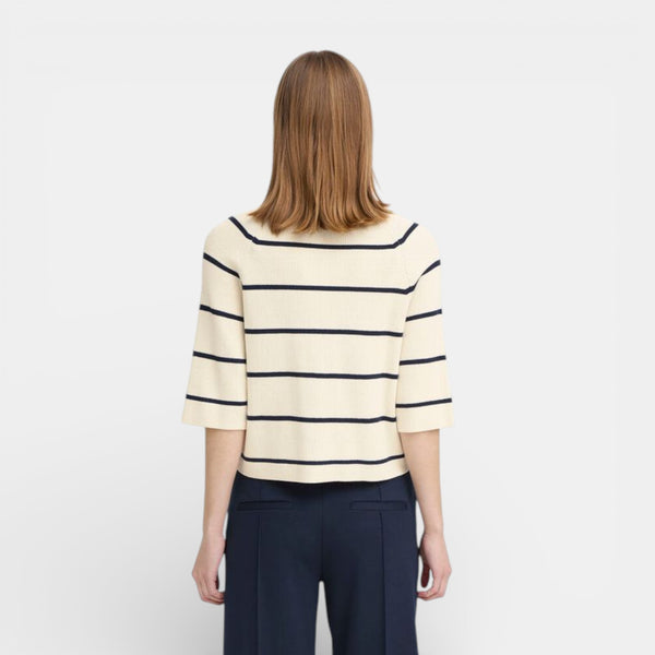 ICHI BOSTON 3/4 Sleeve Knit in Birch with Total Eclipse Stripe